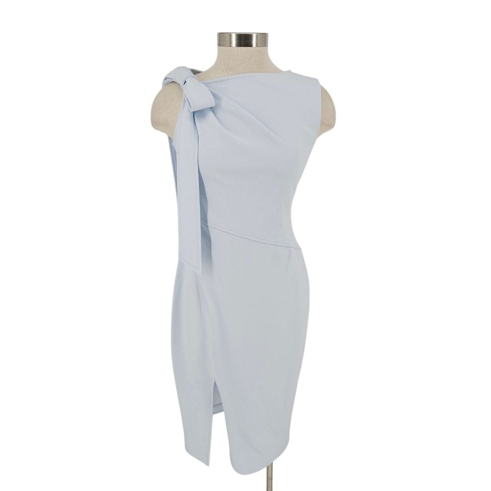 Calvin Klein Midi Sheath Dress Light Blue Shoulder Bow Sleeveless Zip Back 4